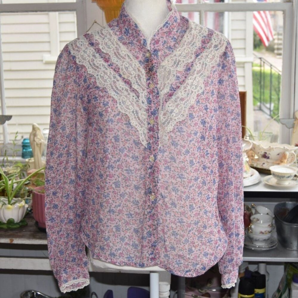 Vintage Eber San Francisco Prairie Lace Floral Blouse Pink Cottagecore M